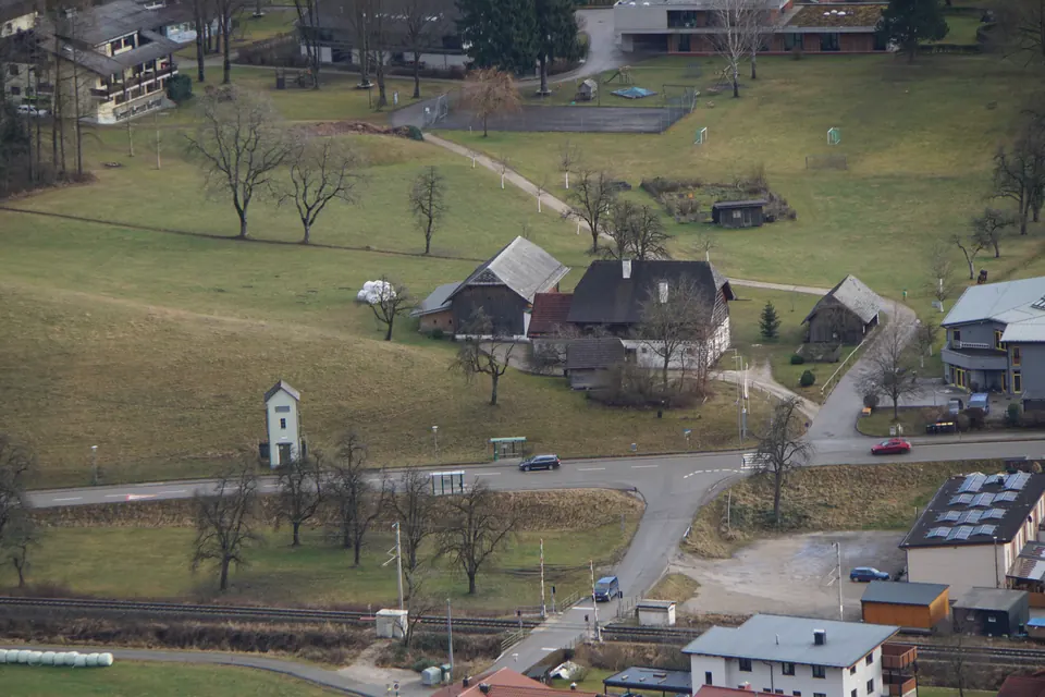 Aerial view of the Eggerhaus and surroundings